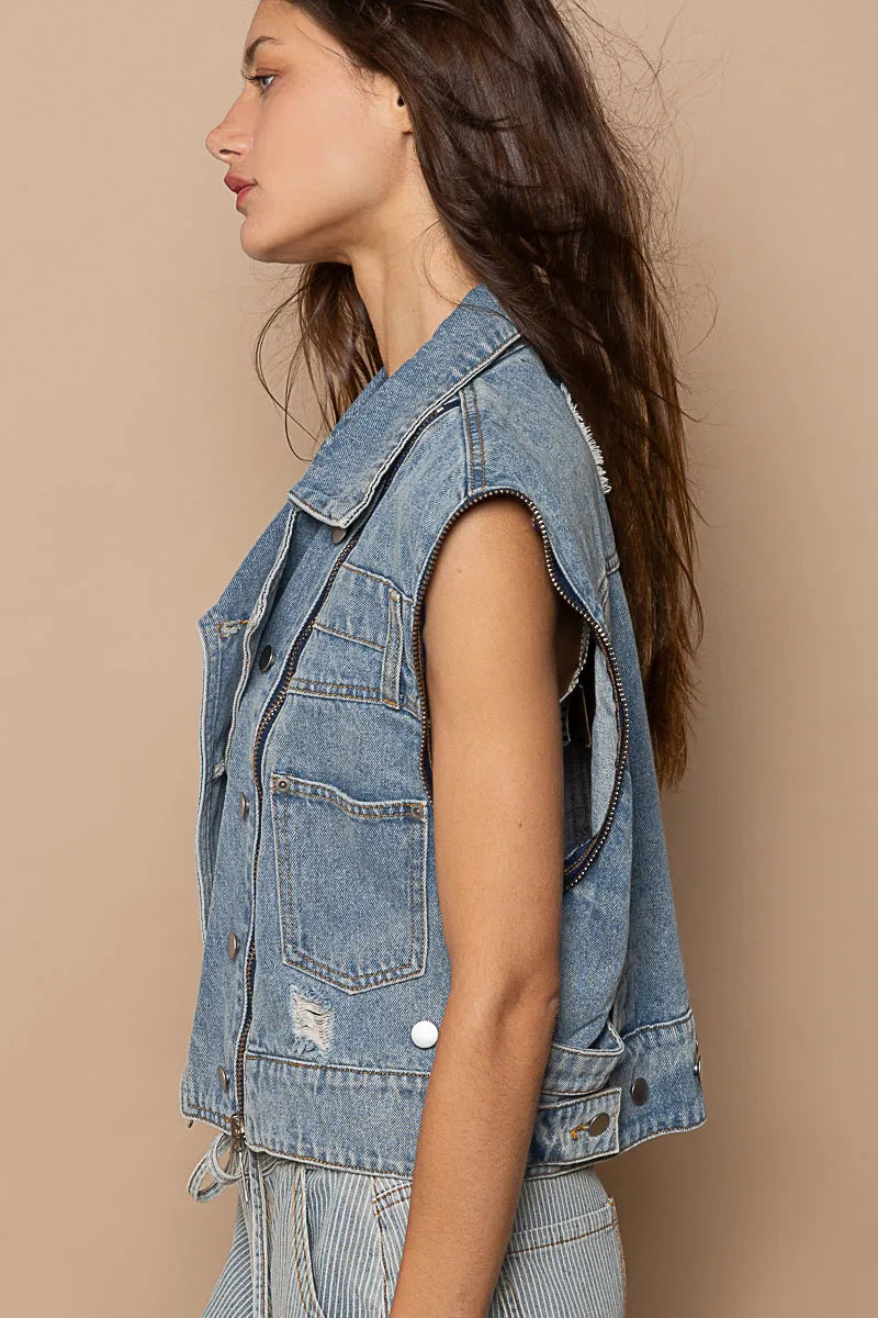 Cropped Denim Jacket with Functional Zipper Detail