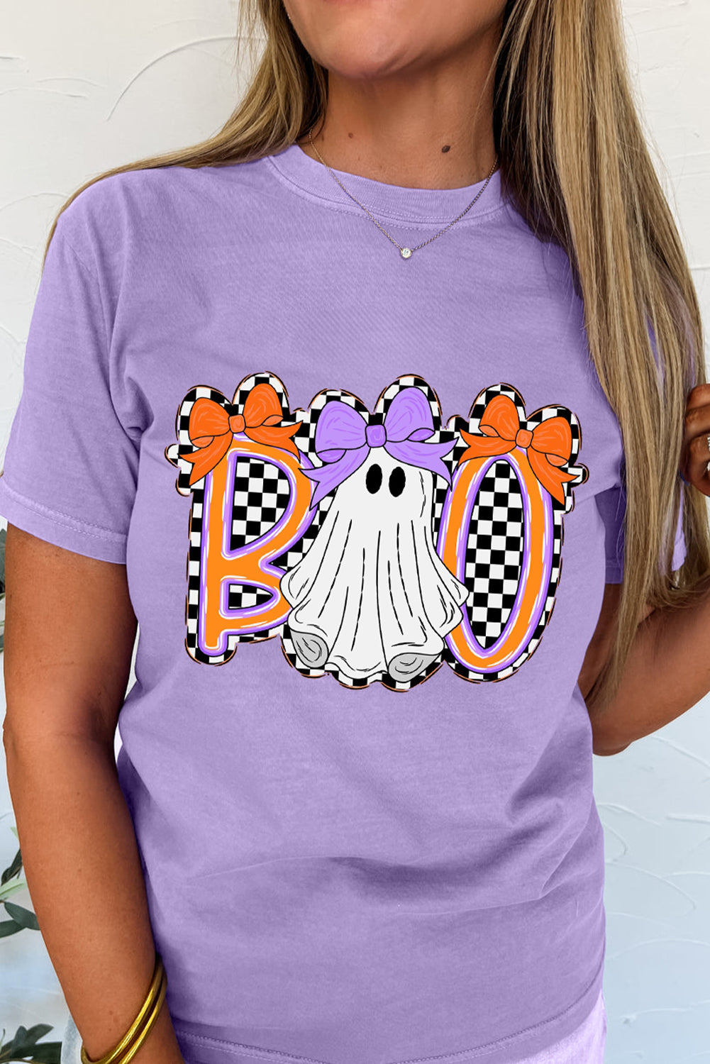 Wisteria Boo Checkered Ghost Crewneck Graphic Tee