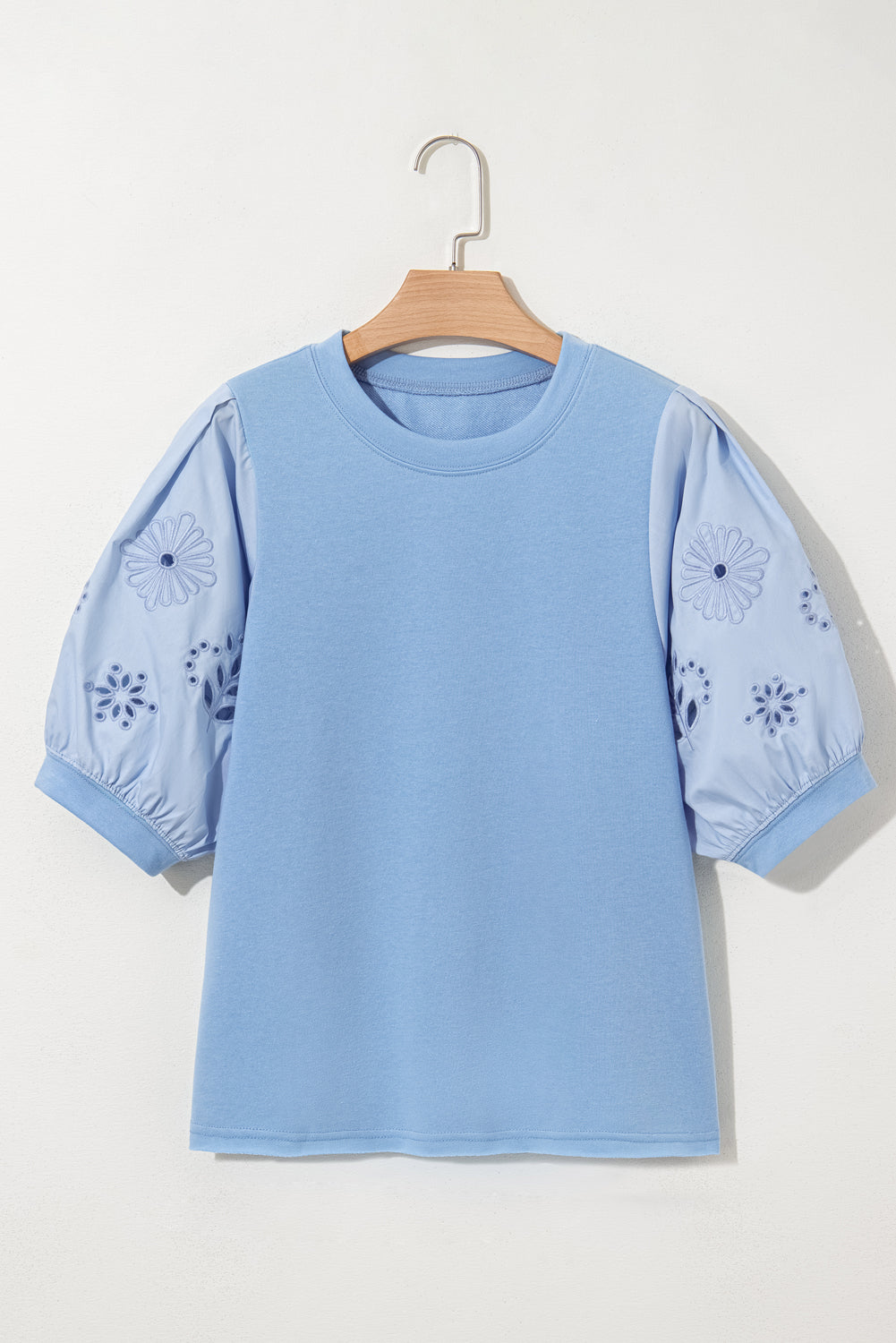 Beau Blue Eyelet Flower Embroidered Crew Neck Blouse