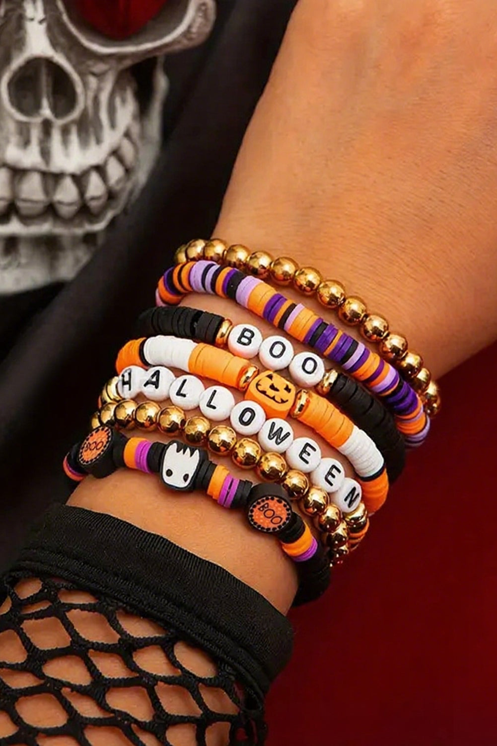Russet Orange Playful 7pcs Halloween Beaded Bracelet Set