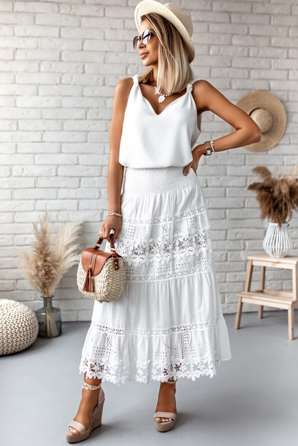 White V Neck Casual Knotted Shoulder Sleeveless Shirt