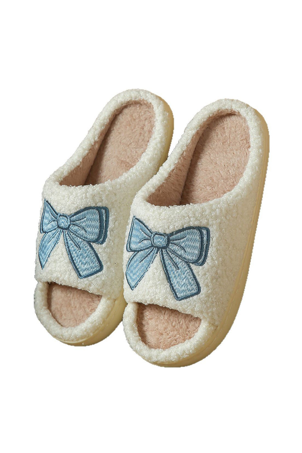 Light Blue Embroidered Bow Open Toe Fuzzy Slippers