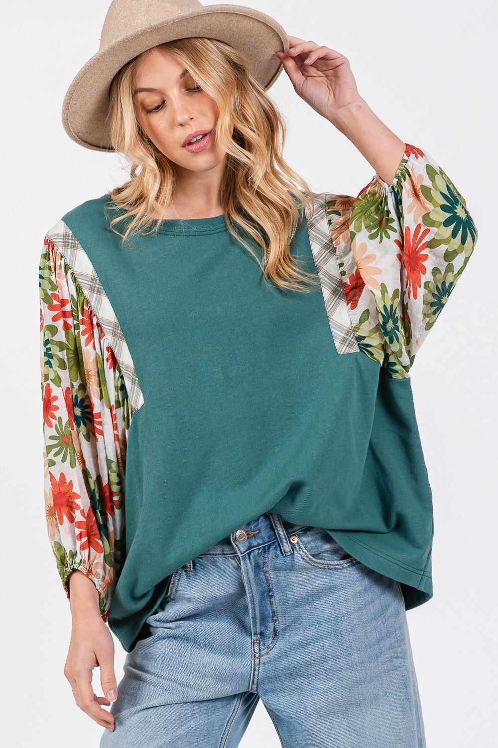 SAGE + FIG Full Size Printed Balloon Sleeve Contrast Top-0