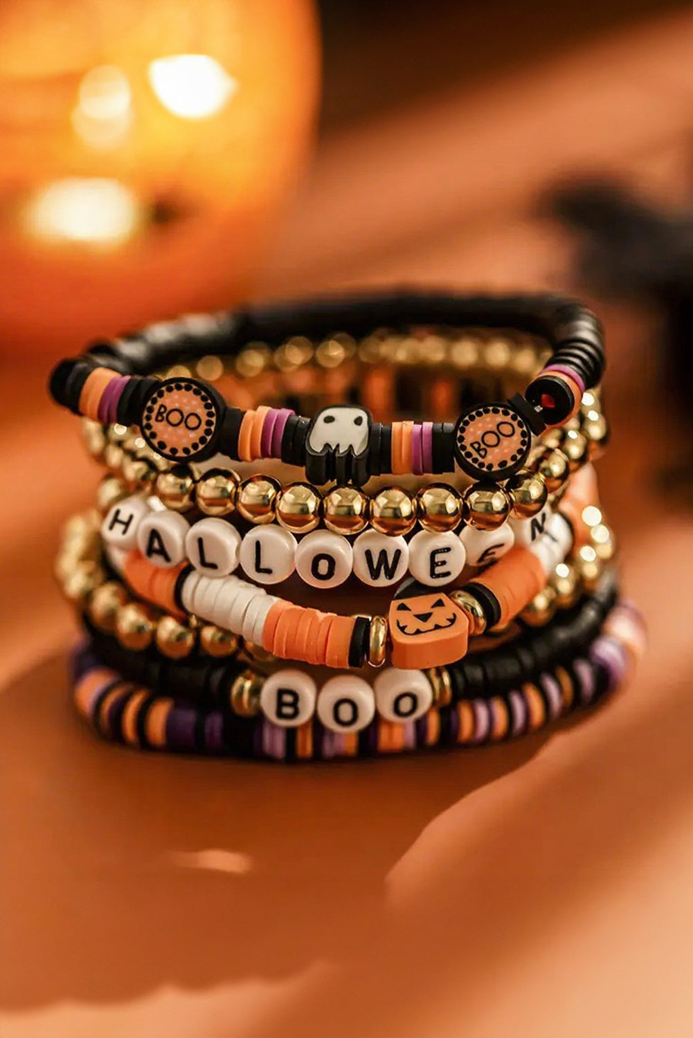 Russet Orange Playful 7pcs Halloween Beaded Bracelet Set