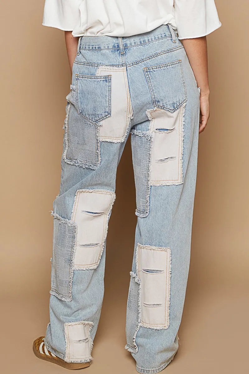 Contrast Patched Raw Hem Straight Jeans