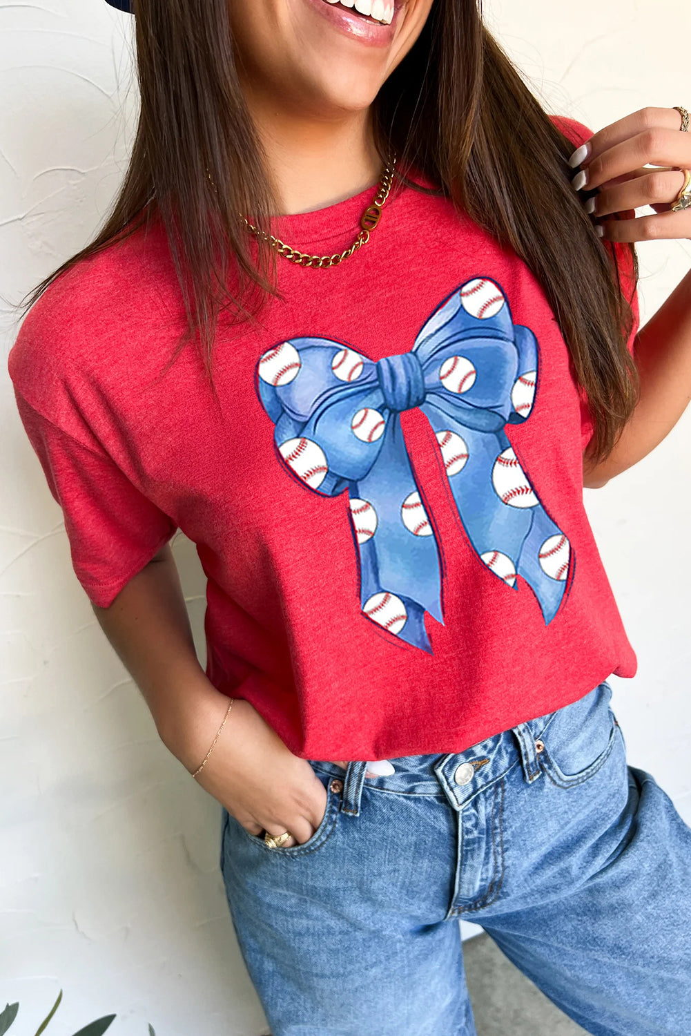 Red Baseball Bowknot Graphic Crew Neck Tee