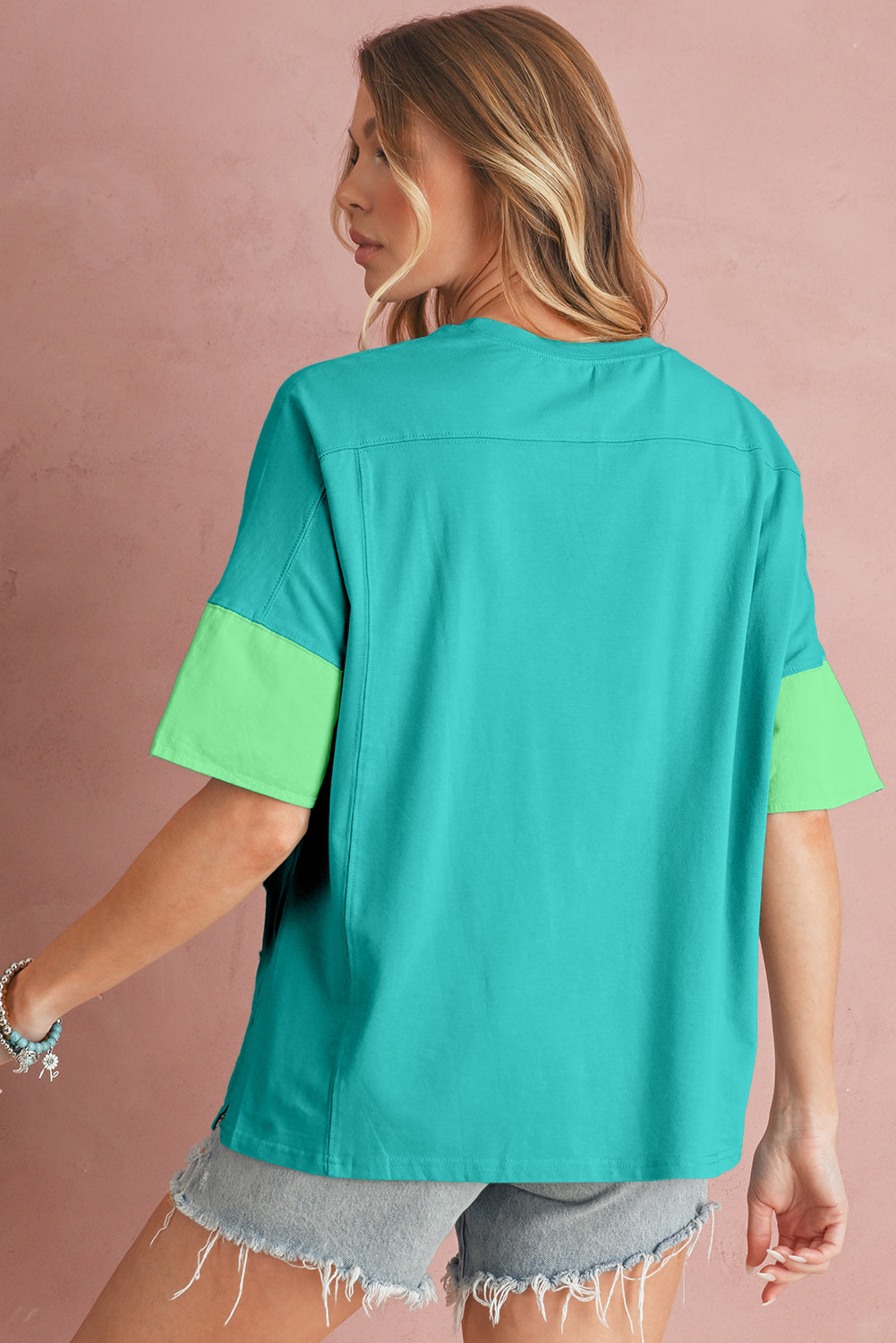 Aruba Blue Frayed Star Patched 4th of July Oversize T Shirt