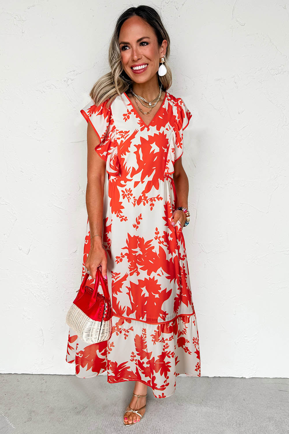 Red Floral Print Trimmed V Neck Ruffle Sleeve Maxi Dress