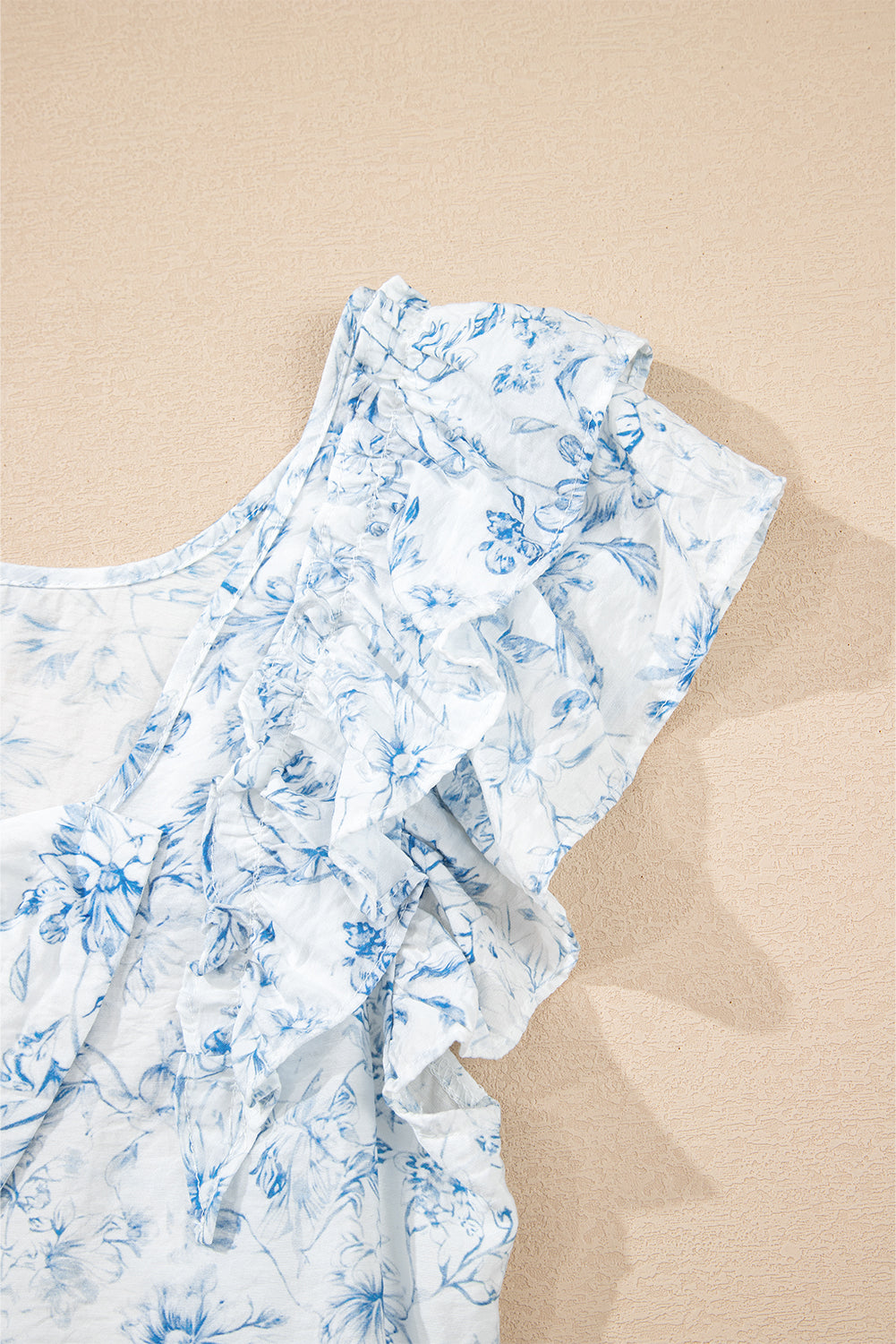 Sky Blue Floral Ruffle Short Sleeve Bow Back Blouse