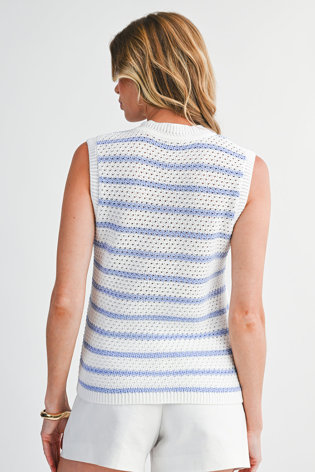 Sky Blue Striped V Neck Button Knit Vest