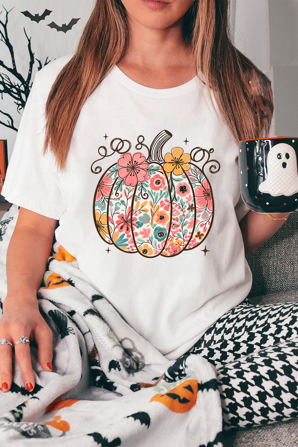 White Floral Pumpkin Print Cotton Blend T Shirt