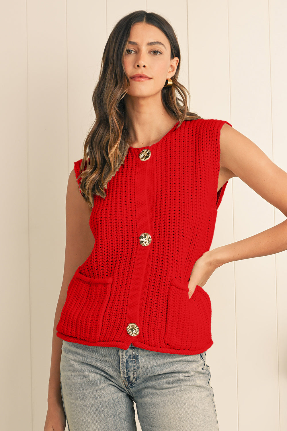 Fiery Red Solid Textured Knit Side Pockets Buttoned Sweater Vest
