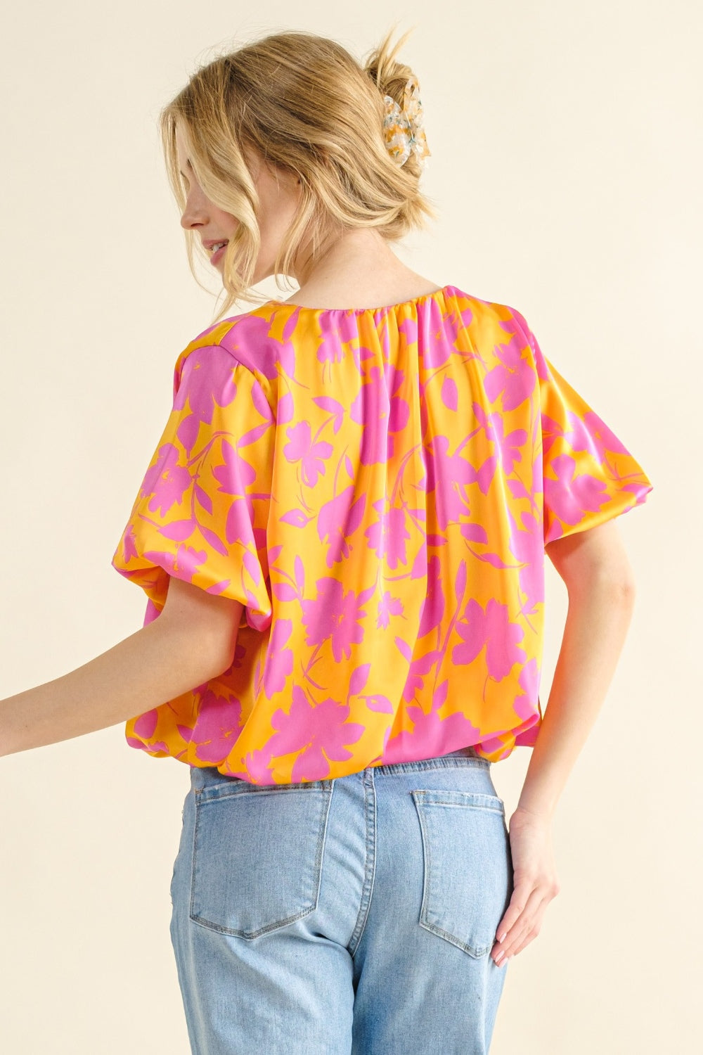 And The Why Full Size Printed Satin Bubble Hem Top-1