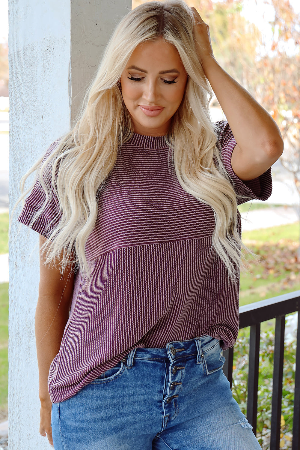 Alessandra Plain Corded Knit Mock Neck T Shirt-3