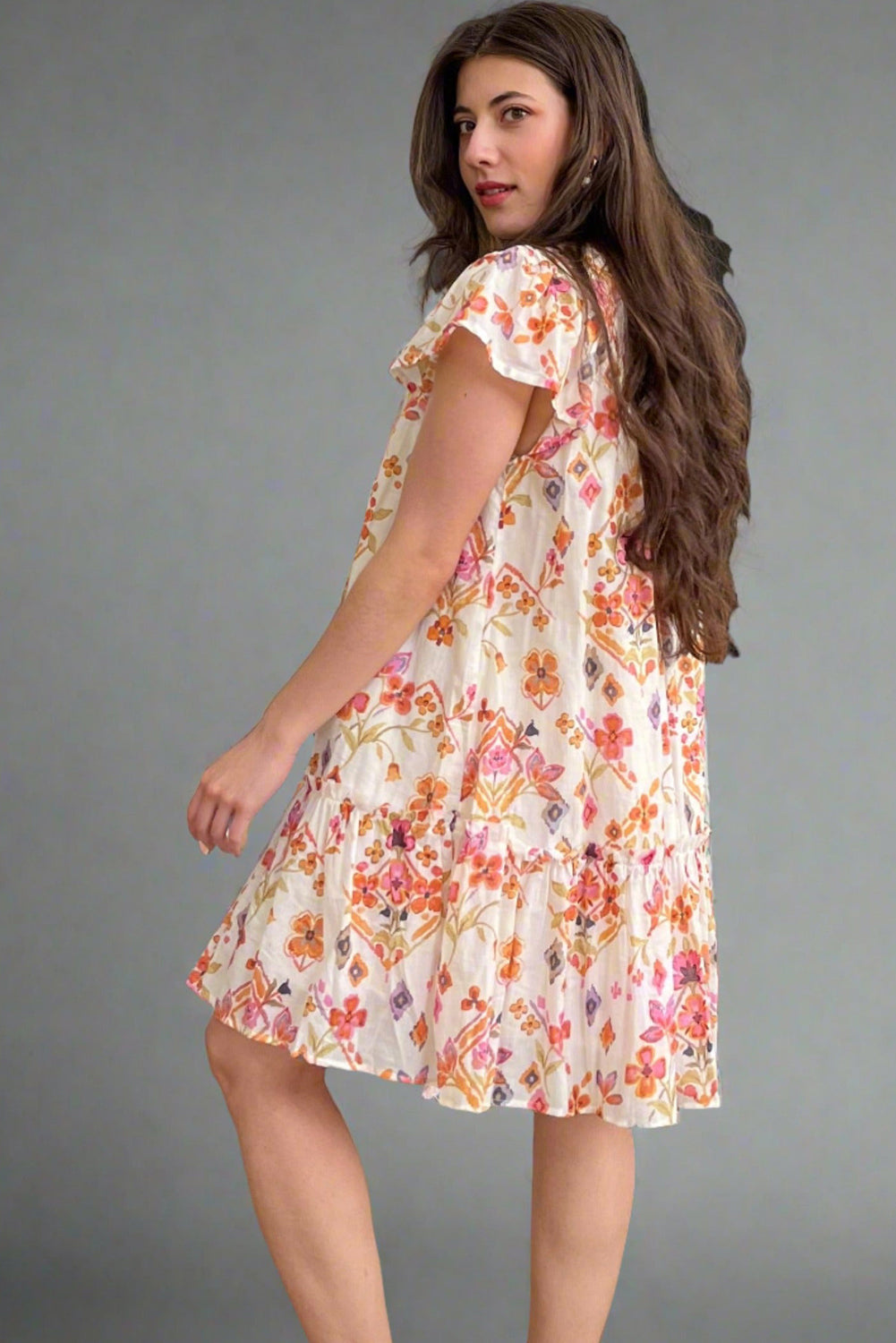 Apricot Floral Print Ruffled Trim Flutter Sleeve Mini Dress
