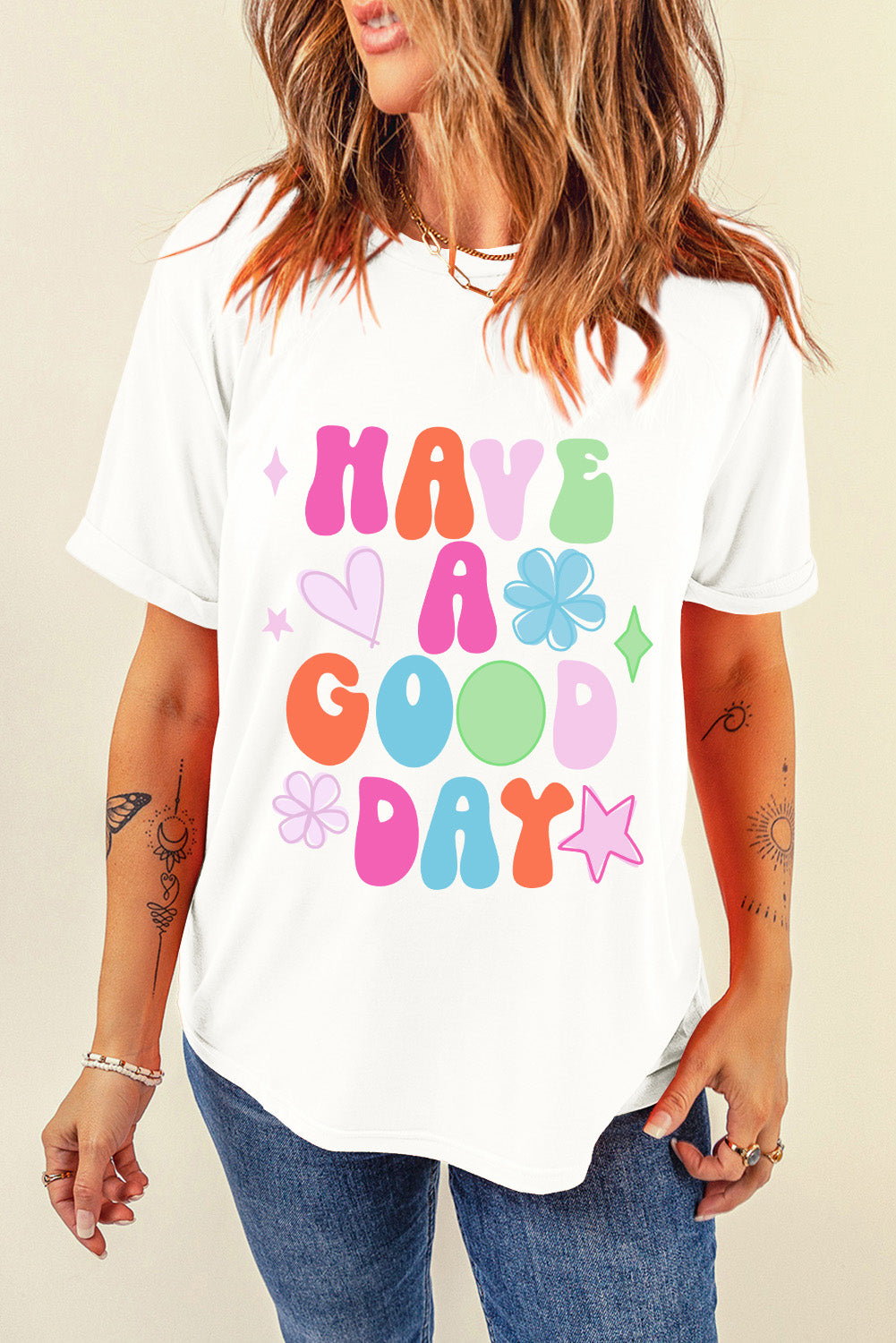 White HAVE A GOOD DAY Print Graphic Casual Tee