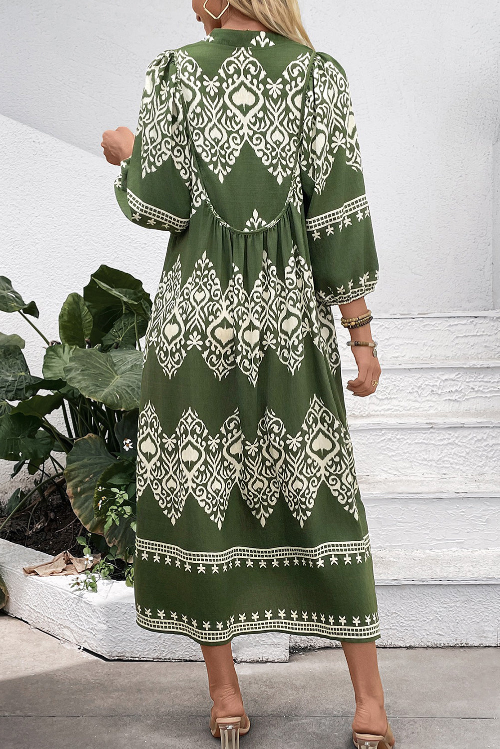 Green Abstract Geometric Print Long Sleeve Vacation Dress