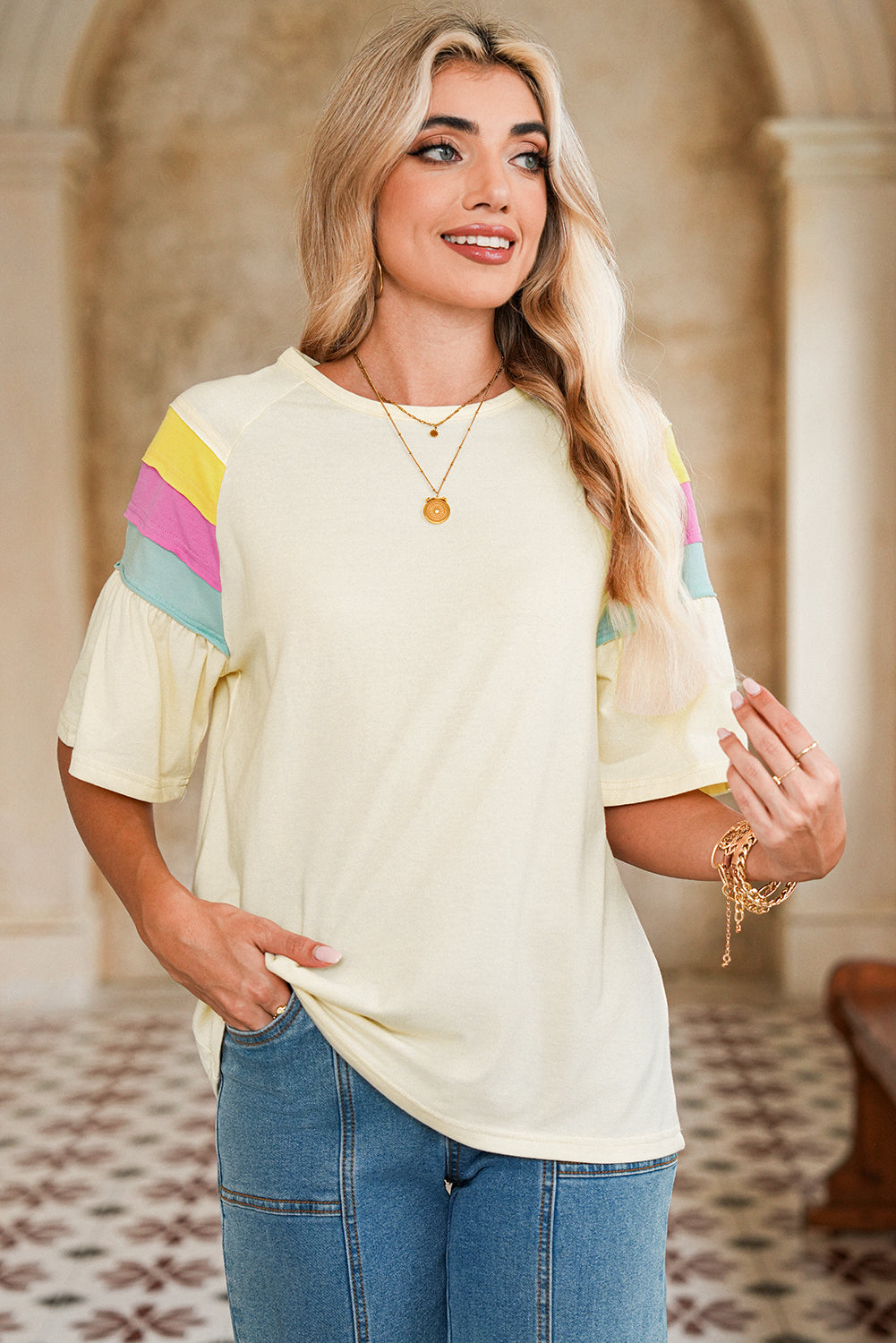 White Colorblock Short Sleeve Round Neck T-Shirt