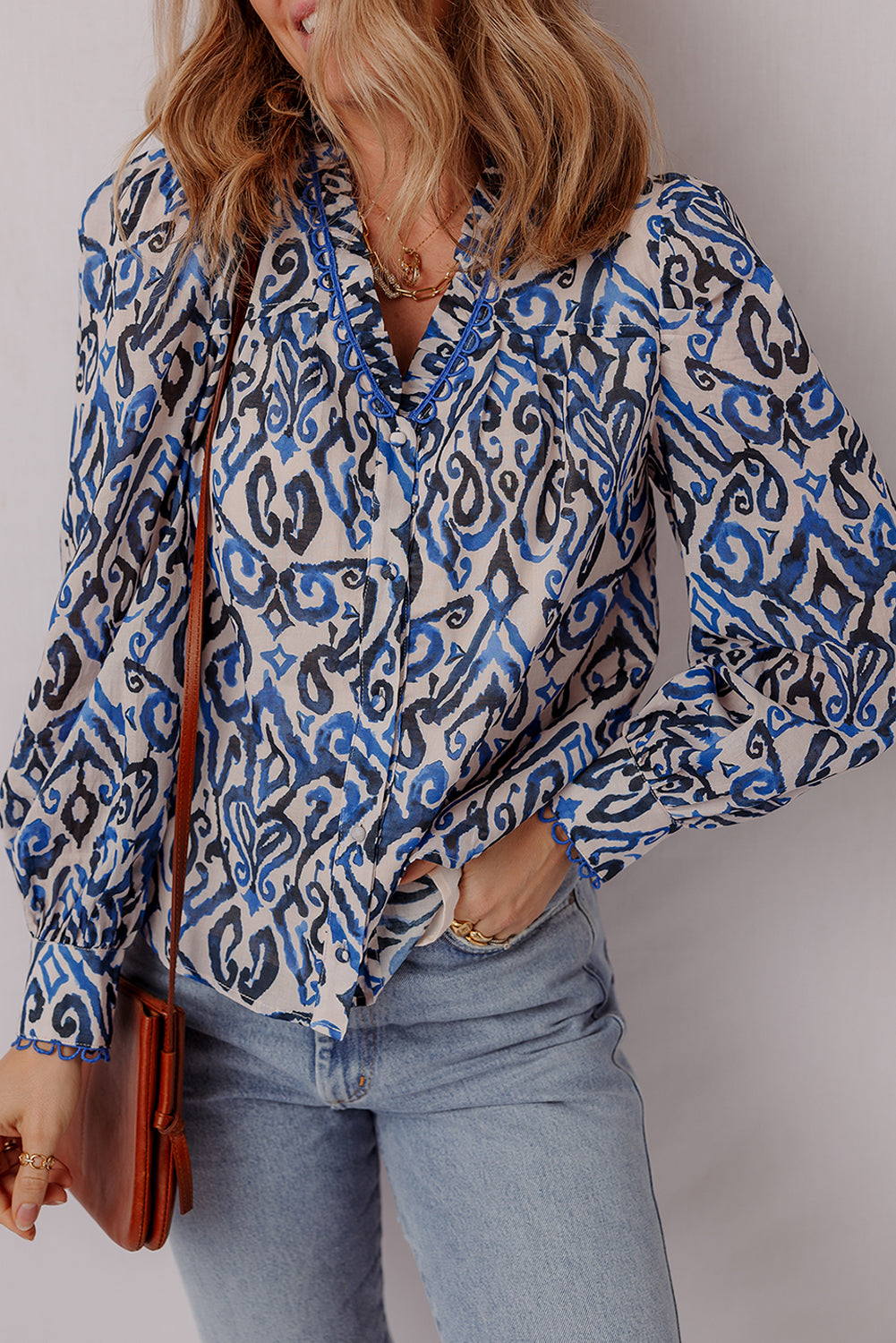 Blue Bohemian Abstract Print Frill V Neck Long Sleeve Blouse