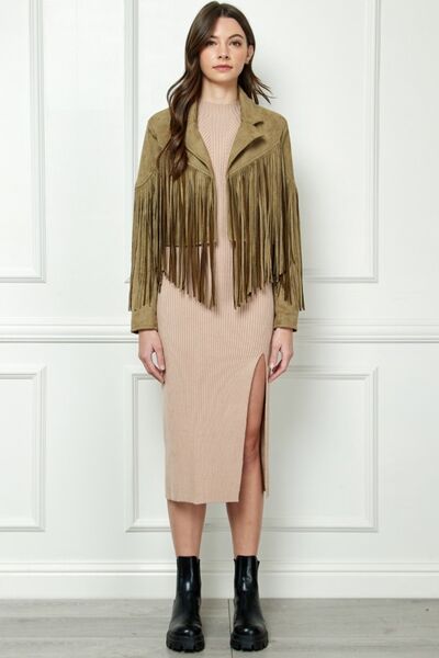 Veveret Suede Fringe Long Sleeve Moto Jacket-3