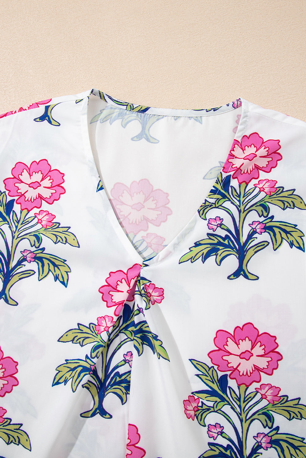 White Floral Print Knot Bubble Sleeve V Neck Blouse