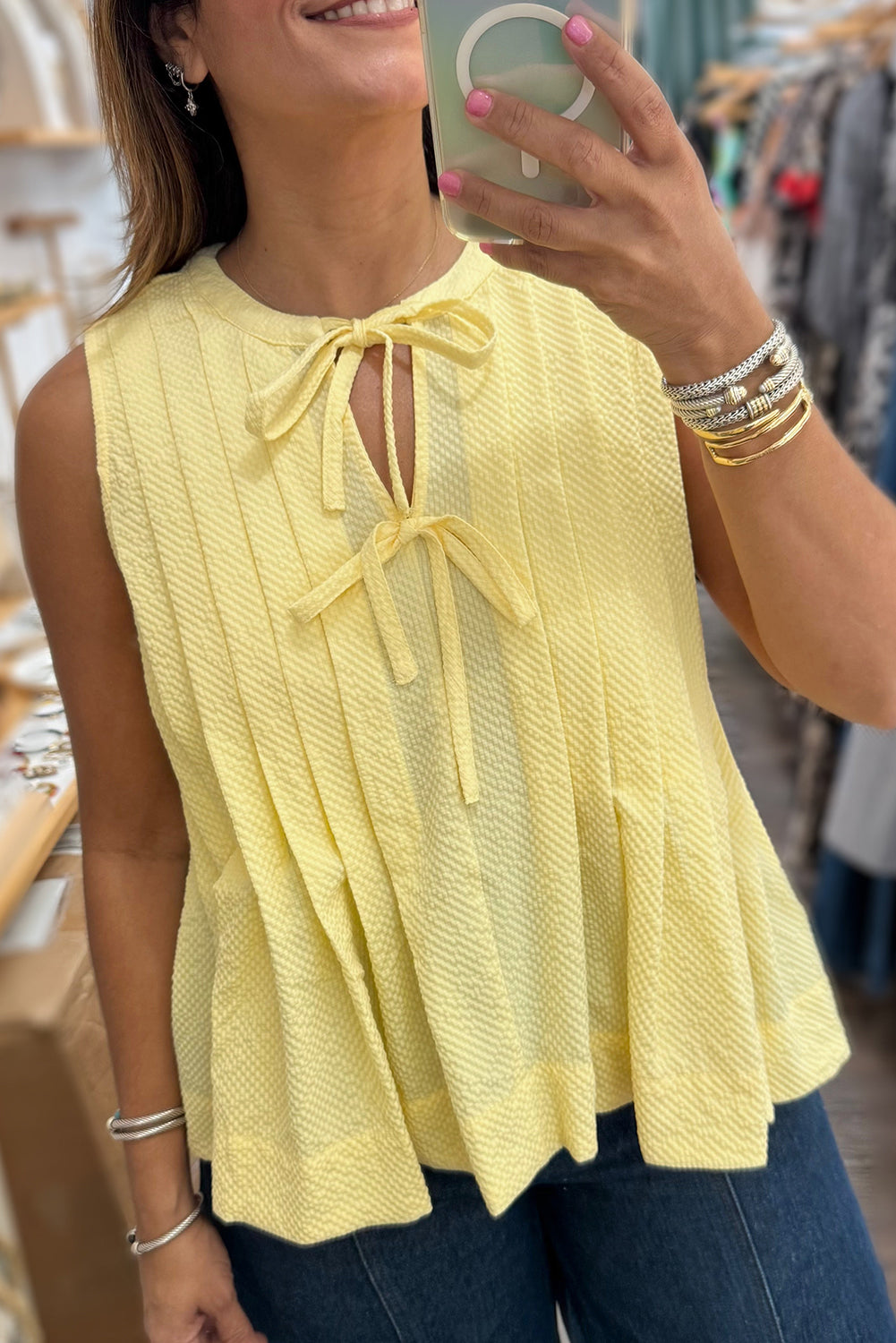 Yellow Cream Bow Tie Notched Neck Pleated Sleeveless Top