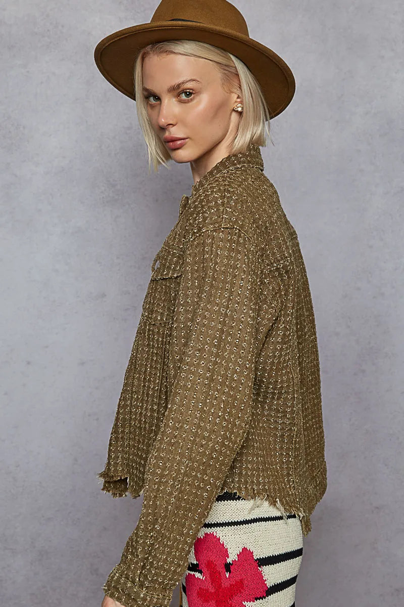 Raw Hem Button Up Jacket with Chest Pockets