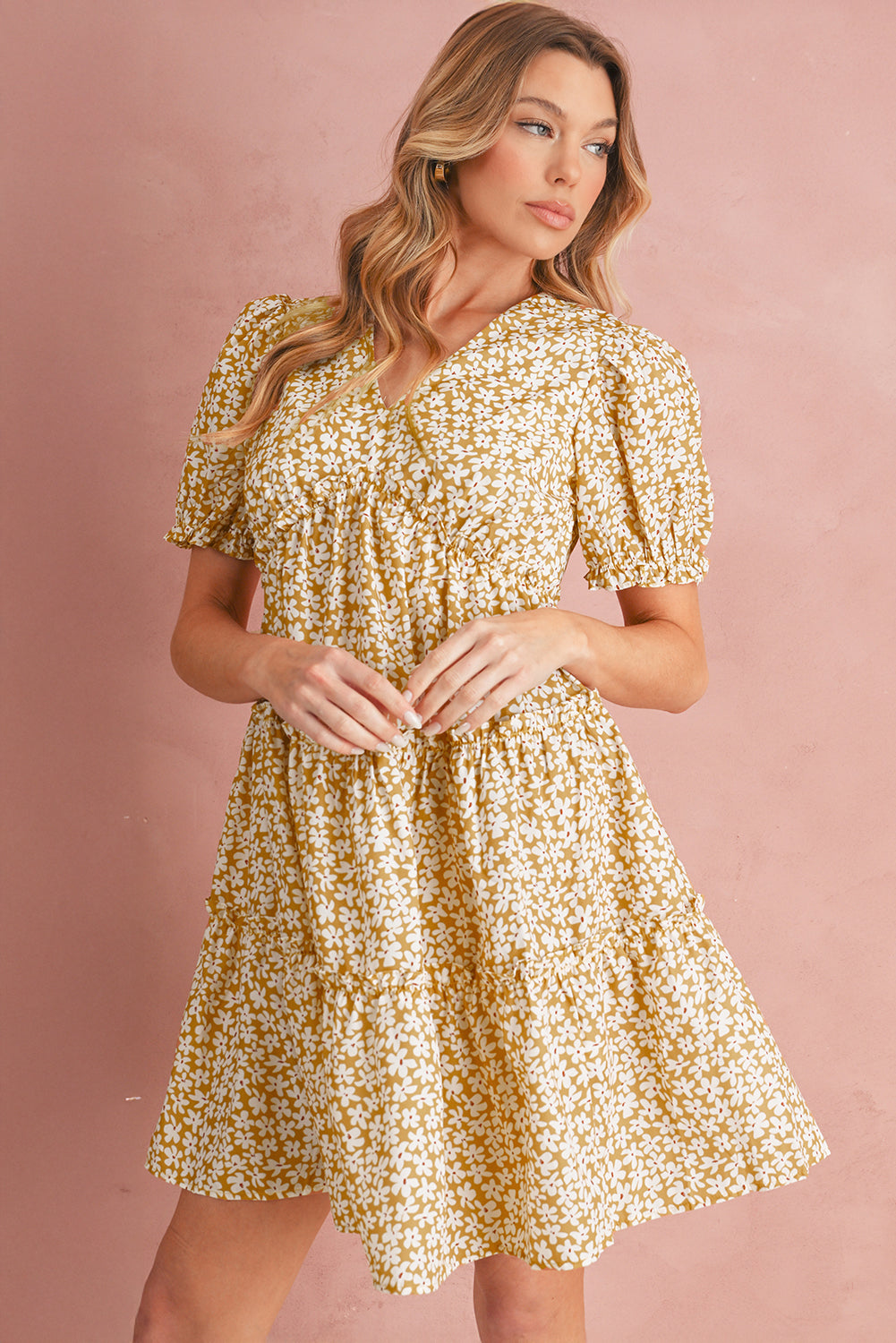 Yellow Floral Short Sleeve V Neck Frill Tiered Mini Dress