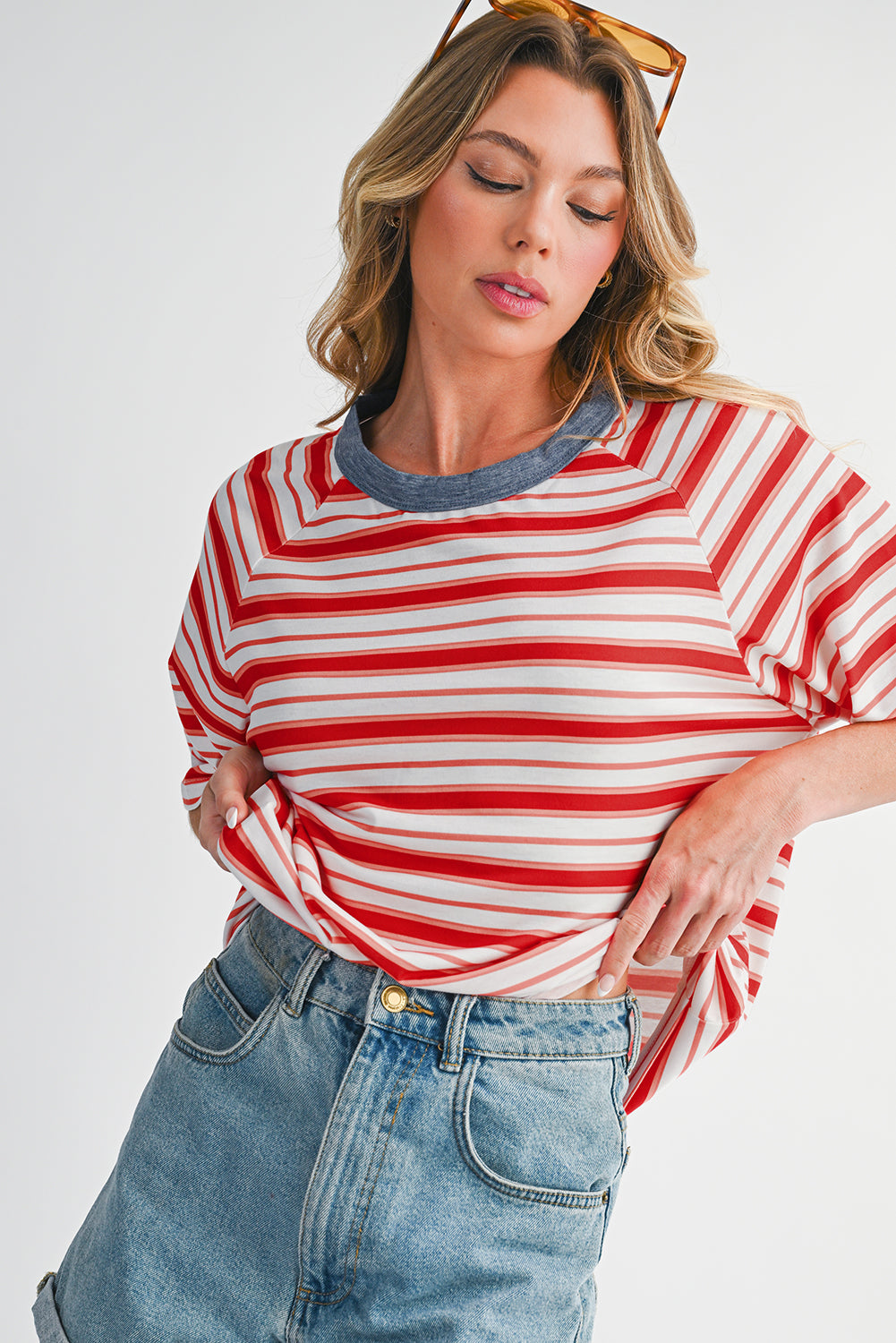 Tomato Red Striped Raglan Sleeve Contrast Neck T-Shirt