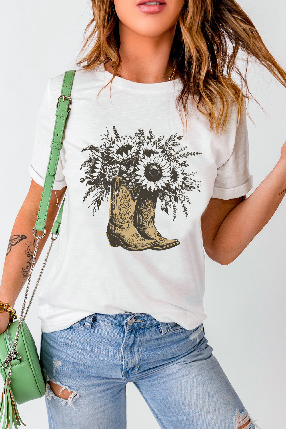 White Sunflower Boots Cotton Blend Graphic Tee