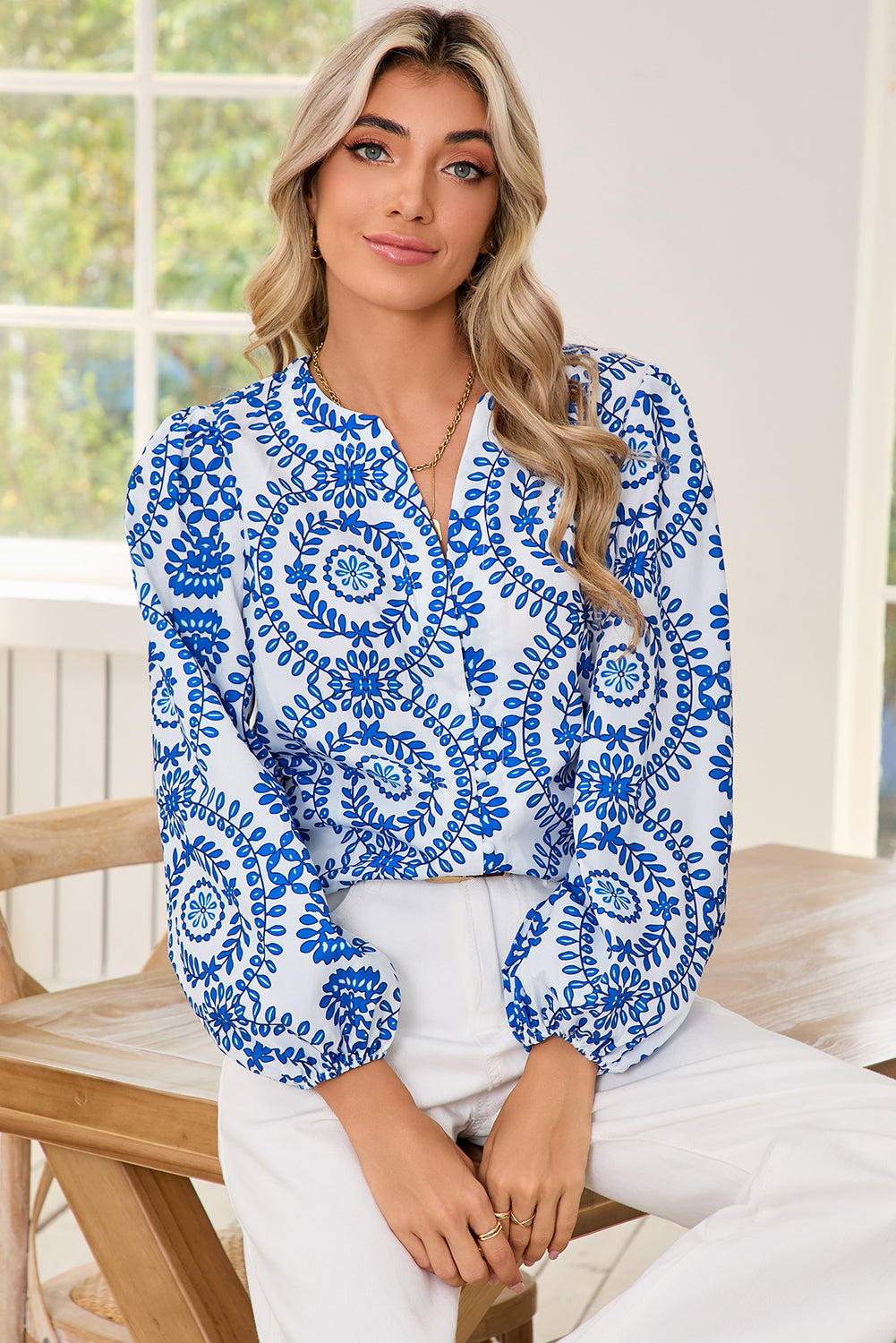 Sky Blue V Neck Puff Sleeve Boho Blouse