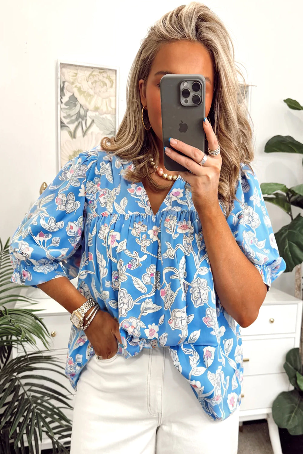 Sky Blue Vintage Floral Print V-Neck Bubble Sleeve Blouse