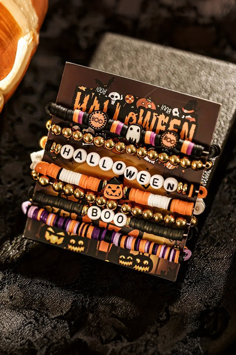 Russet Orange Playful 7pcs Halloween Beaded Bracelet Set