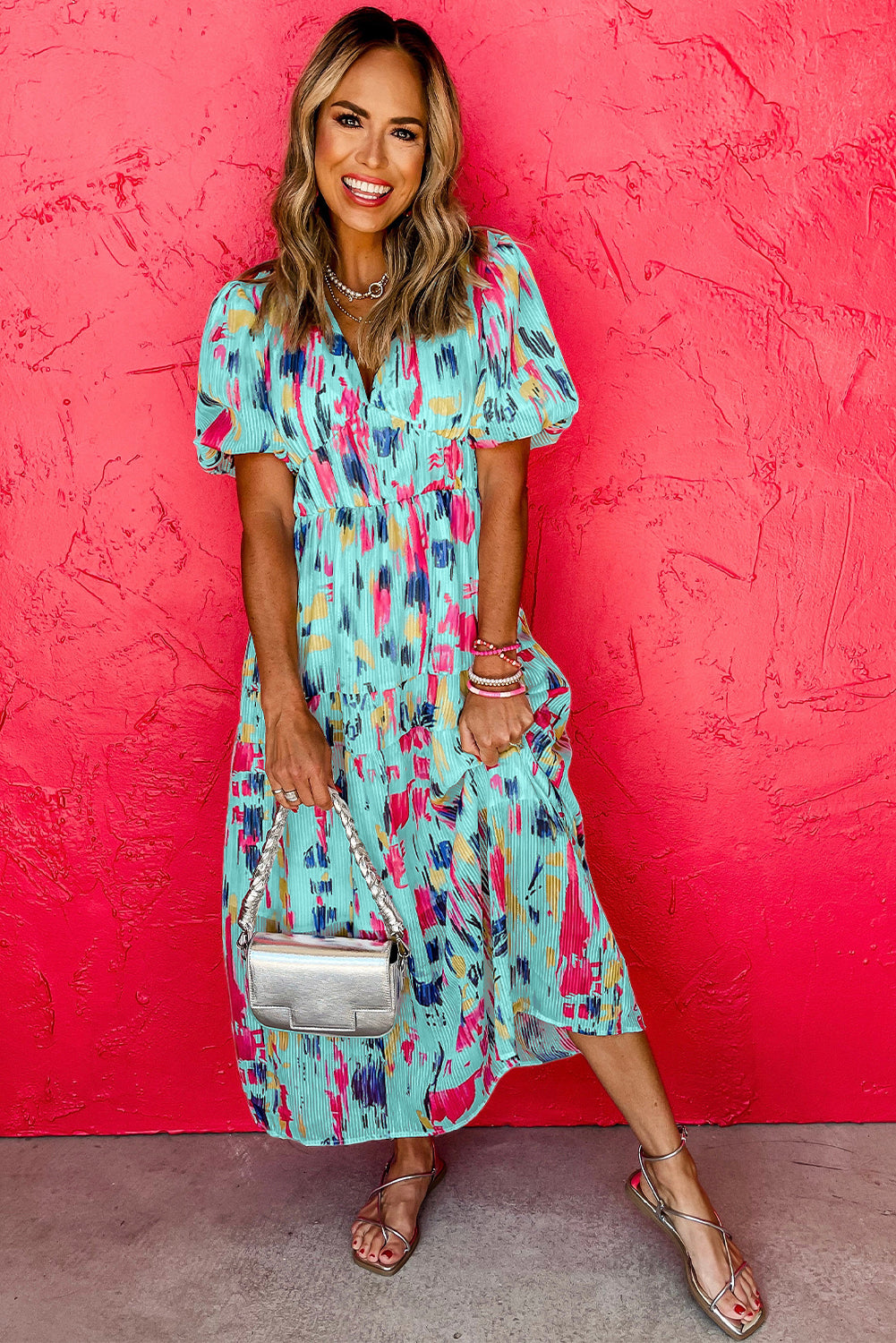 Sky Blue Abstract Print Short Puff Sleeve Tiered Maxi Dress