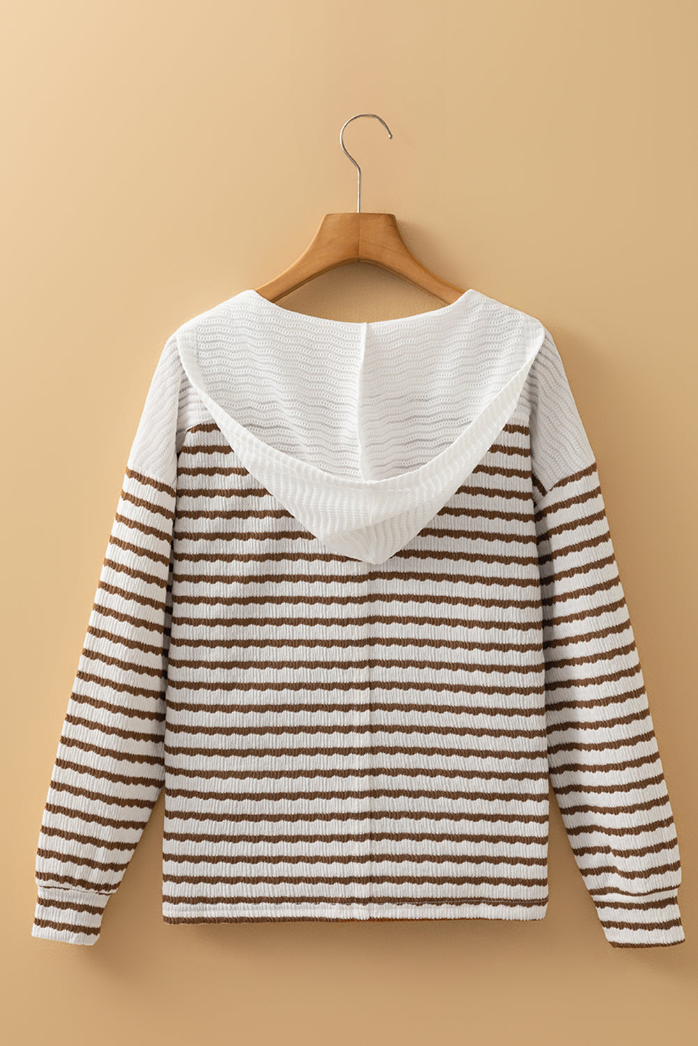 Khaki Stripe Textured Hooded Long Sleeve Top