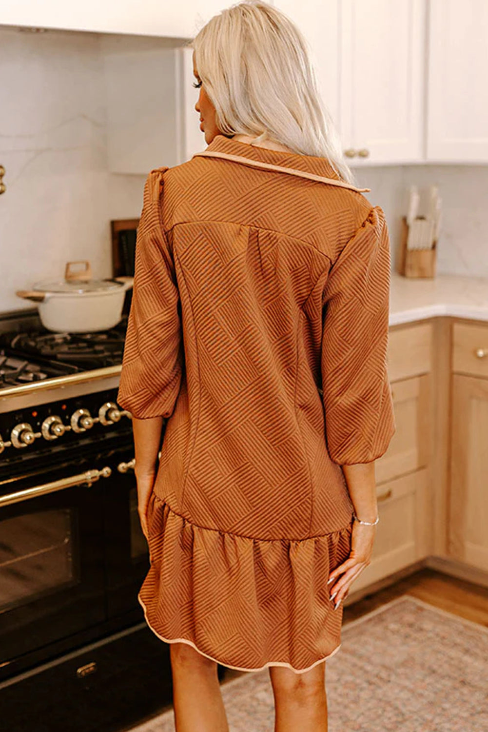 Desert Gold  Quarter Zip Collar Bracelet Sleeve Textured Mini Dress