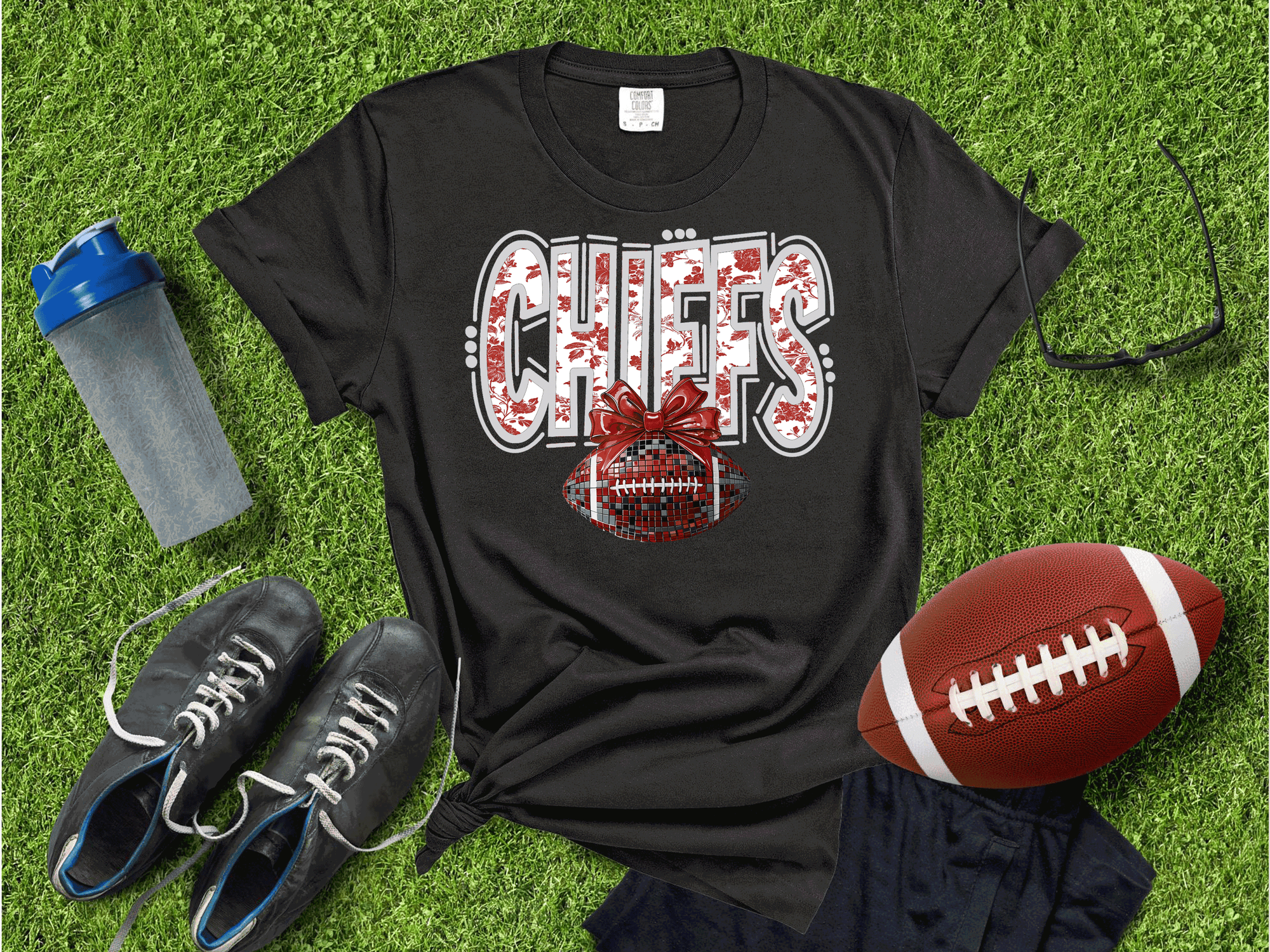 Kansas City Football Metallic shirt, Chiefs Faux Glitter Football Kansas Toile de Jouy floral KC Football Team, Kansas City Football Fan Gift, Chiefs Fan