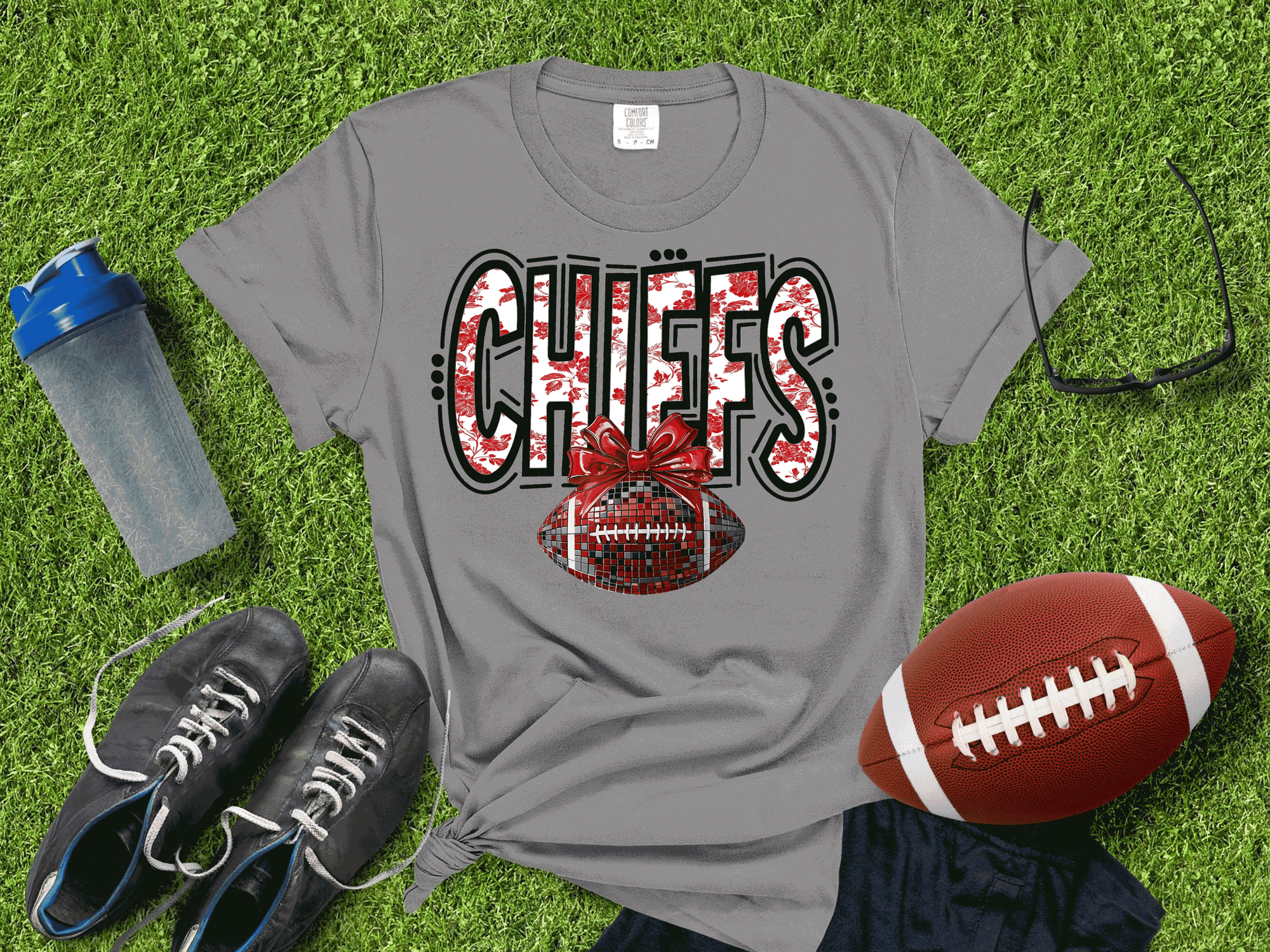 Kansas City Football Metallic shirt, Chiefs Faux Glitter Football Kansas Toile de Jouy floral KC Football Team, Kansas City Football Fan Gift, Chiefs Fan