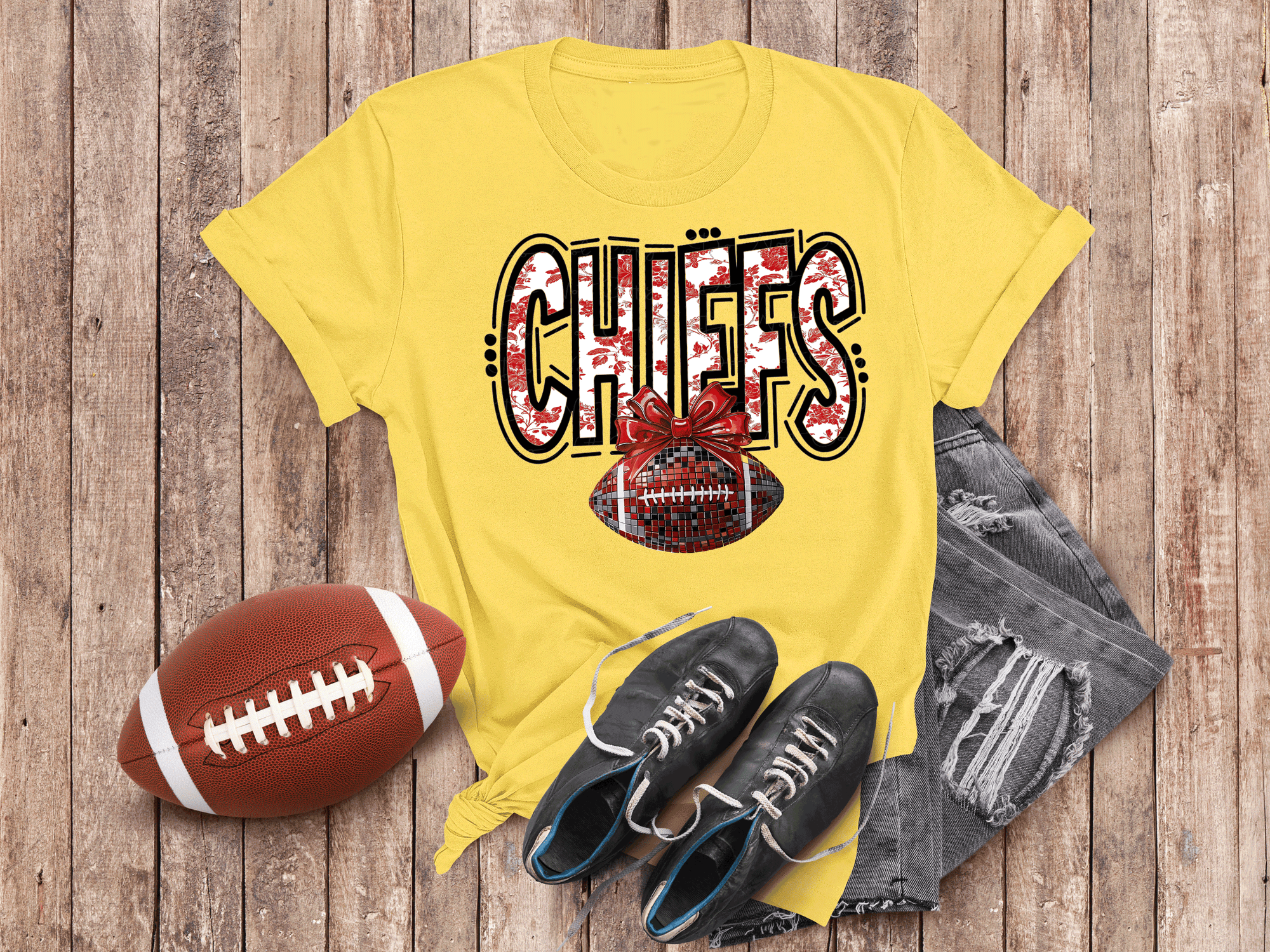 Kansas City Football Metallic shirt, Chiefs Faux Glitter Football Kansas Toile de Jouy floral KC Football Team, Kansas City Football Fan Gift, Chiefs Fan