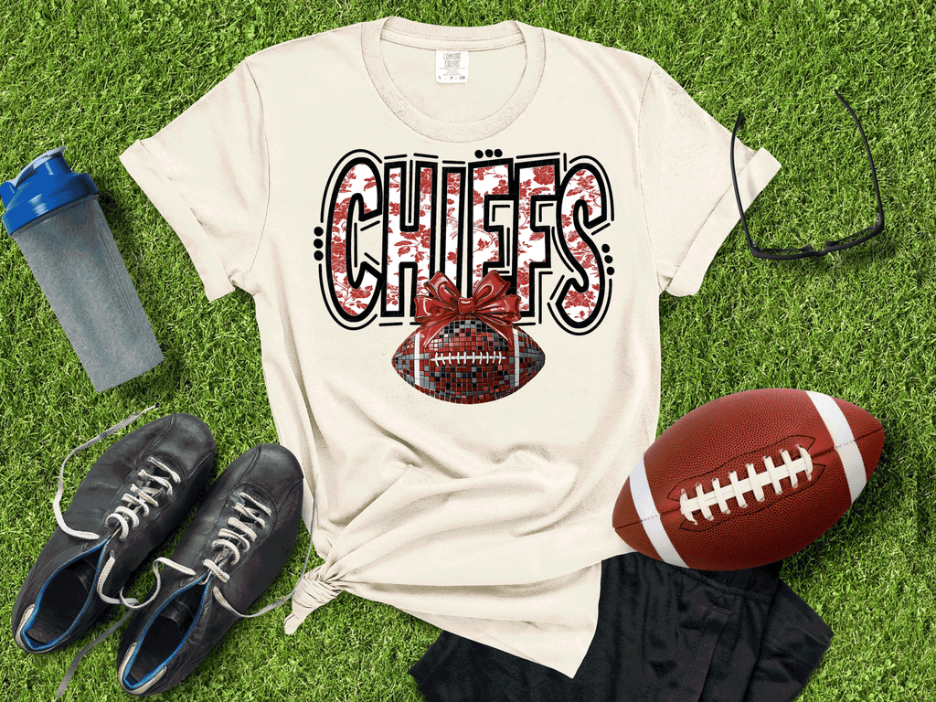 Kansas City Football Metallic shirt, Chiefs Faux Glitter Football Kansas Toile de Jouy floral KC Football Team, Kansas City Football Fan Gift, Chiefs Fan