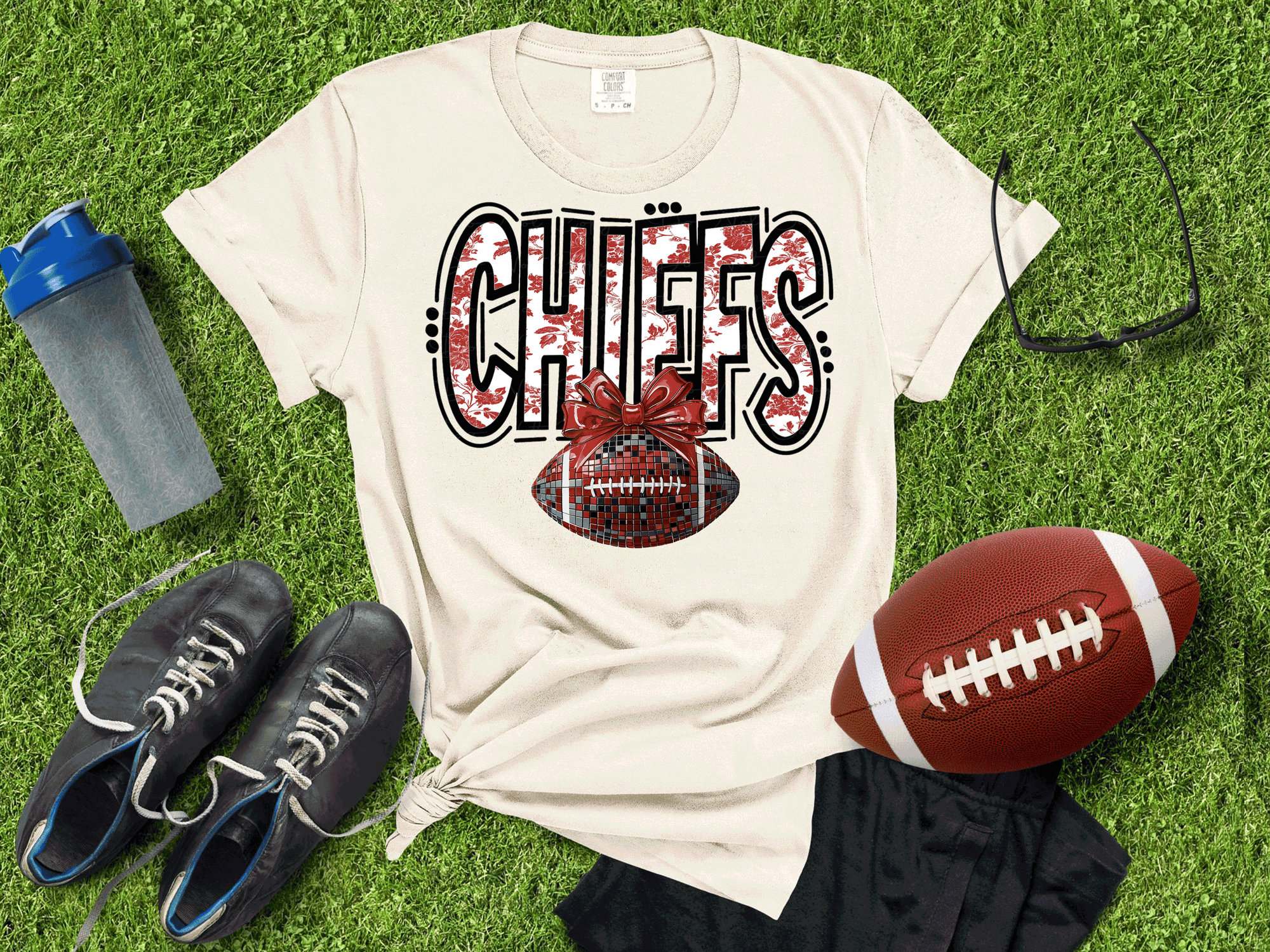 Kansas City Football Metallic shirt, Chiefs Faux Glitter Football Kansas Toile de Jouy floral KC Football Team, Kansas City Football Fan Gift, Chiefs Fan