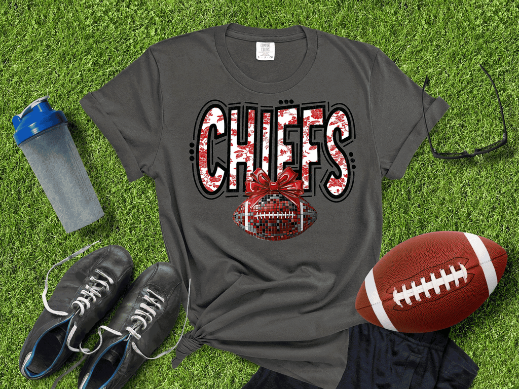 Kansas City Football Metallic shirt, Chiefs Faux Glitter Football Kansas Toile de Jouy floral KC Football Team, Kansas City Football Fan Gift, Chiefs Fan