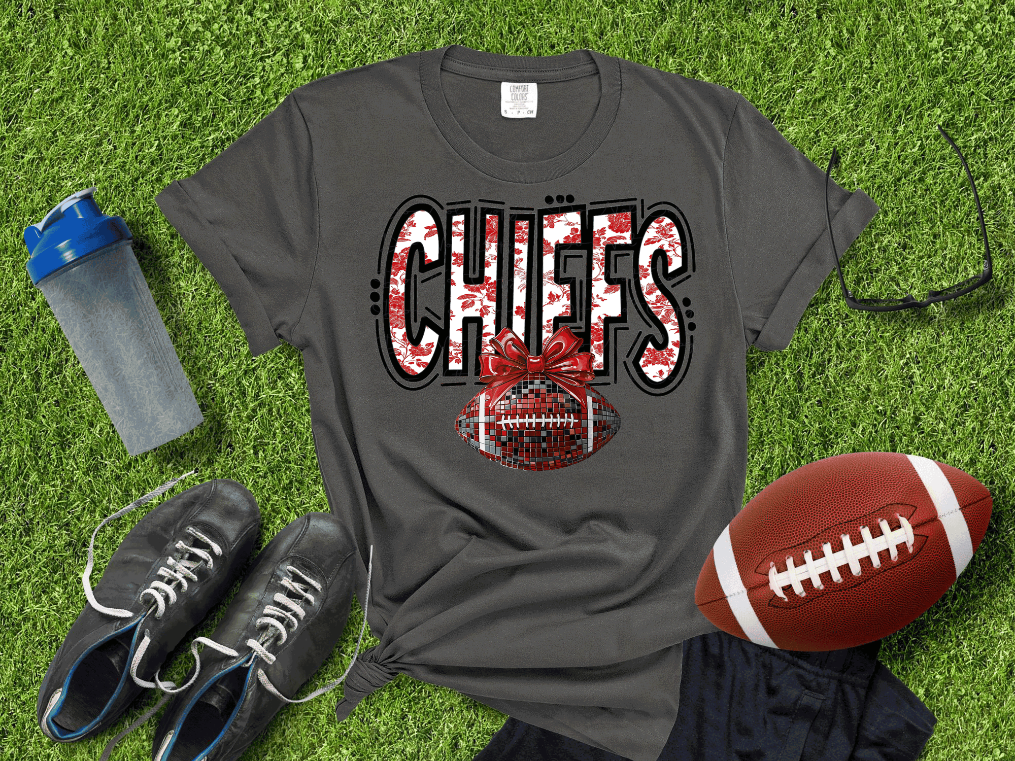 Kansas City Football Metallic shirt, Chiefs Faux Glitter Football Kansas Toile de Jouy floral KC Football Team, Kansas City Football Fan Gift, Chiefs Fan