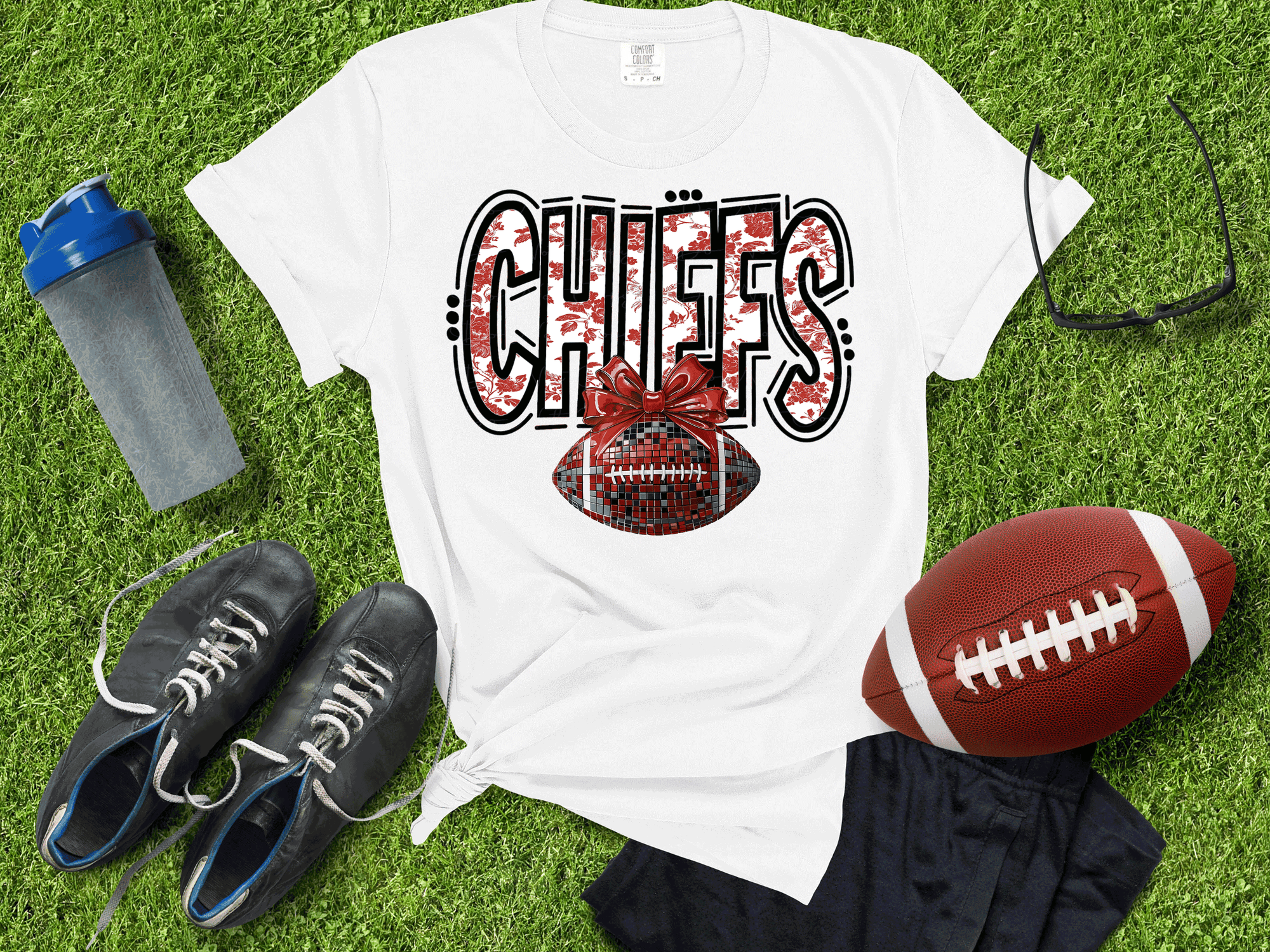 Kansas City Football Metallic shirt, Chiefs Faux Glitter Football Kansas Toile de Jouy floral KC Football Team, Kansas City Football Fan Gift, Chiefs Fan