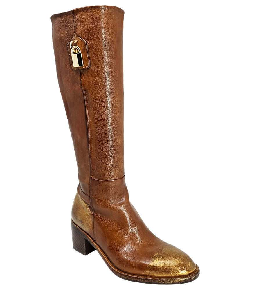 Tall Cognac Hand Rubbed Lock Boot
