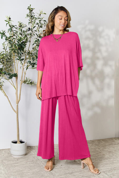 Double Take Full Size Round Neck Slit Top and Pants Set-3