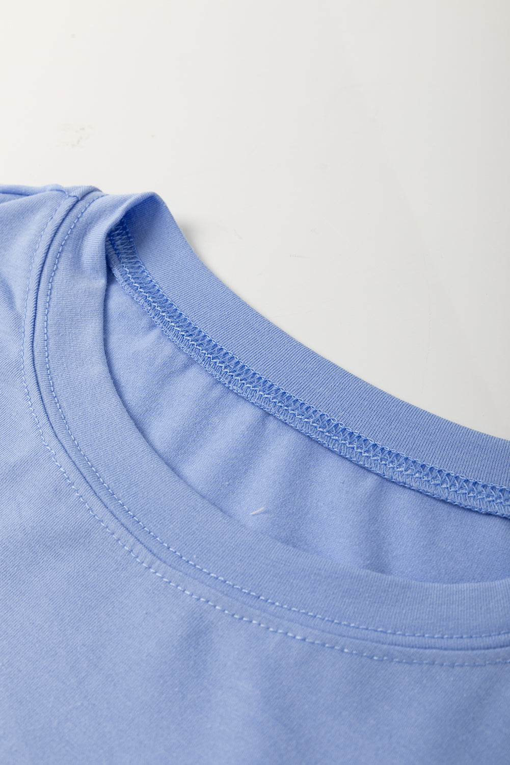 Sky Blue Flower Patched Exposed Stitching Trim Loose Tee