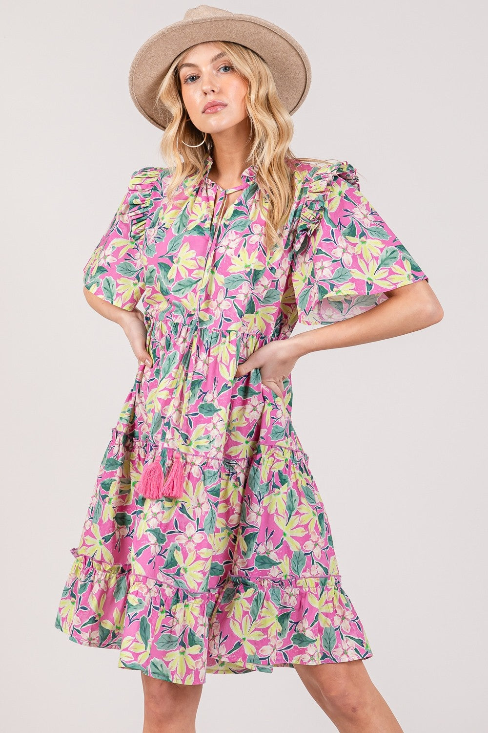SAGE + FIG Floral Ruffle Short Sleeve Dress-2