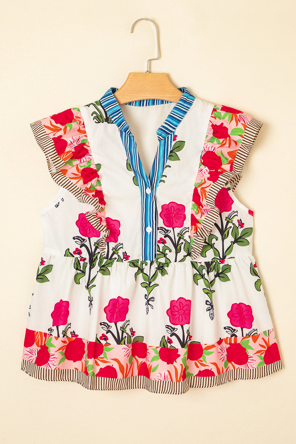 Pink Floral Print Striped Patchwork Flutter Sleeve Blouse