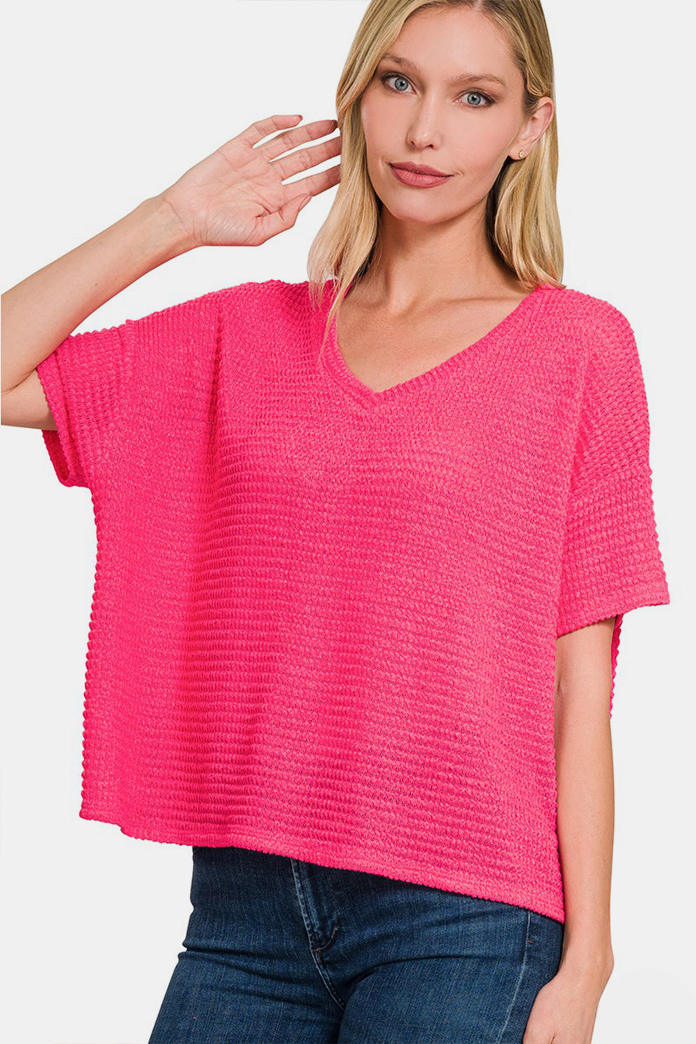 Zenana Drop Shoulder Short Sleeve Jacquard Knit Top-0